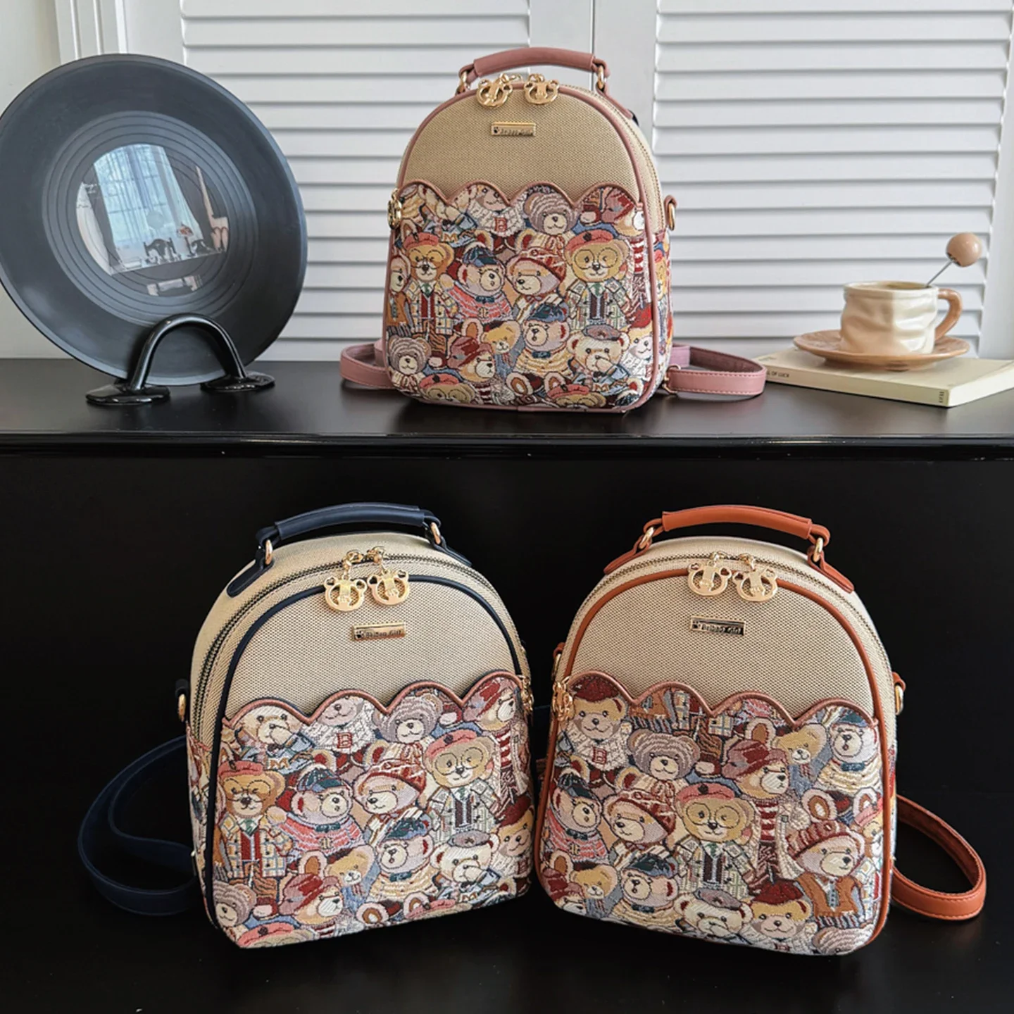Cute Cartoon Bear Print Canvas Backpack Detachable Shoulder Crossbody Bag Casual Daily School Bag For Girls Teens Women