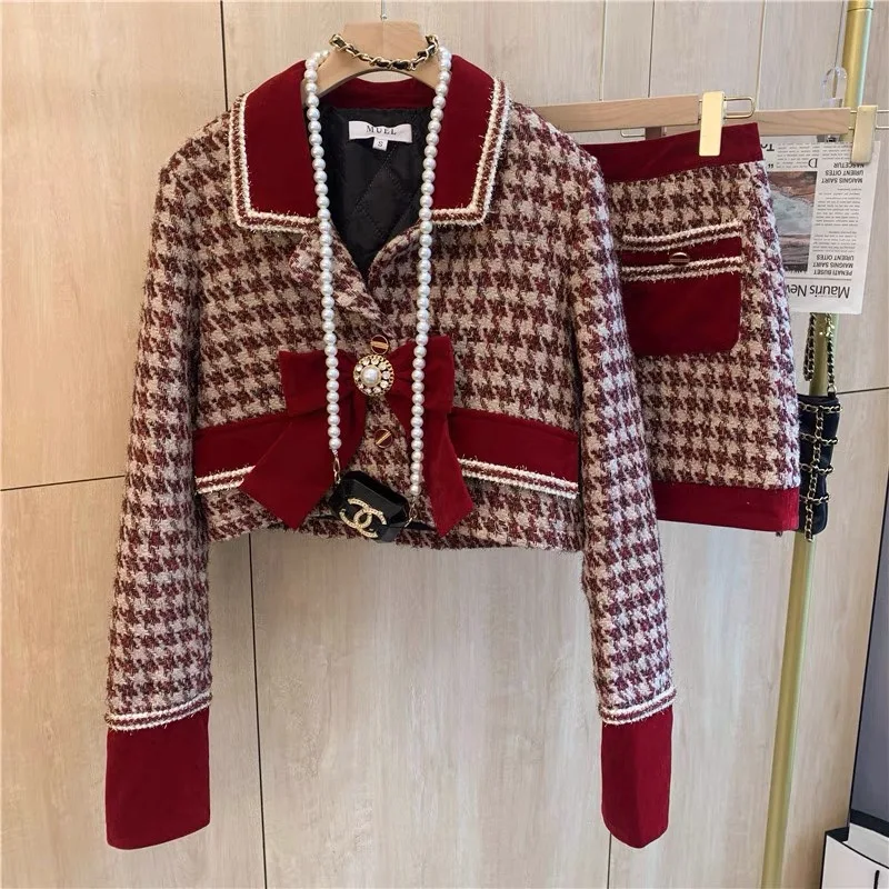 

Women Christmas New Year Tweed Houndstoot Red Suit Blazer Jackert Coat Top Mini Skirt Two Piece Set Outfit Winter Warm Clothing