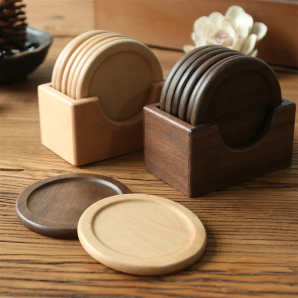 

6pcs/set Walnut Wood Coasters Placemats Decorative Round Insulated Japanese Beverage Coasters Home Decor