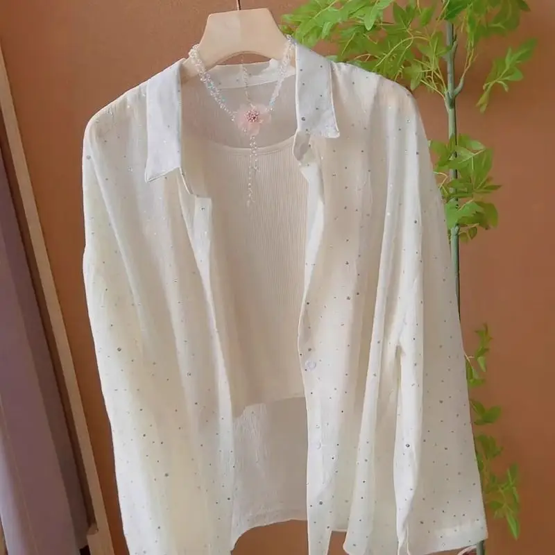 Chemise de Protection solaire légère à paillettes pour femmes, Style français doux, décontracté, ample, superposée, haut d'extérieur, été