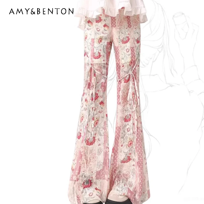 

Original Design Design New Women's Trousers 2025 Summer Pink Ice Silk Casual Pants High Waist Versatile Thin Bell-bottoms Ladies