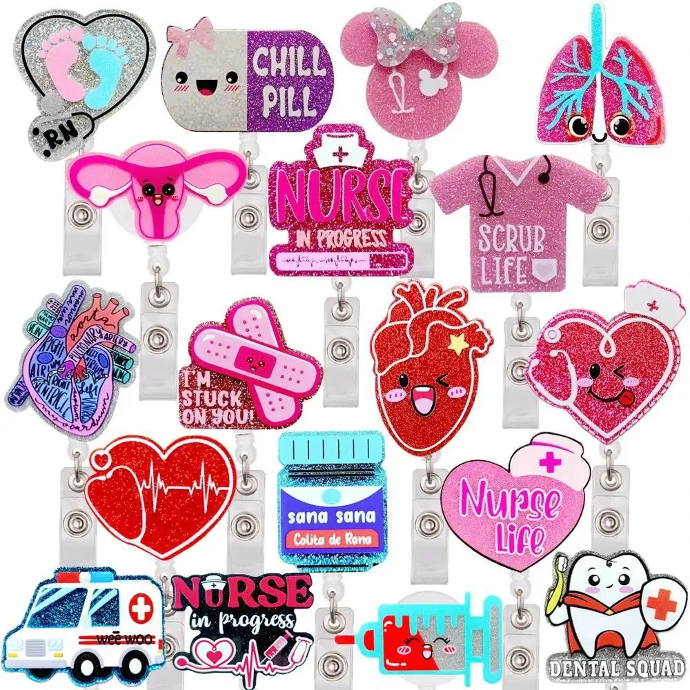 Bonito Portacredenciales Retráctil de PVC Brillante con Diseño de Dibujos Animados para Enfermeras, Doctores, Hospitales, Exposiciones, Tarjetas de Identificación, Llaveros y Broches