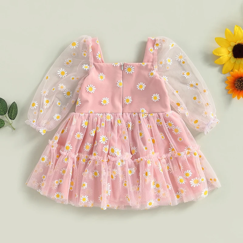 Baby Girl Princess Dress Elegant Daisy Print Square Collar Zipper Long Sleeve Mesh Tulle A-Line Party Dress Toddler Dresses