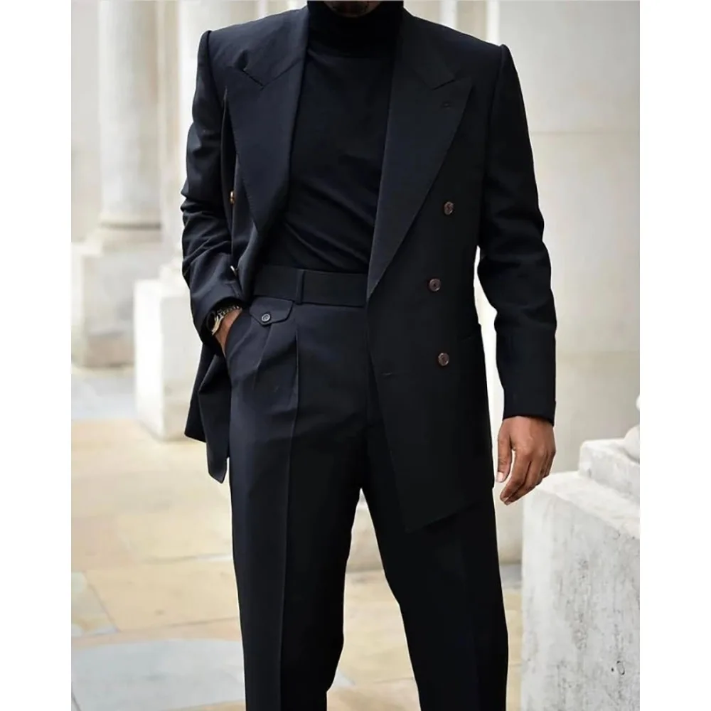 Traje de casamento homme ternos dos homens preto duplo breasted pico lapela masculino terno ajuste fino noivo blazer 2 peças jaqueta + calça