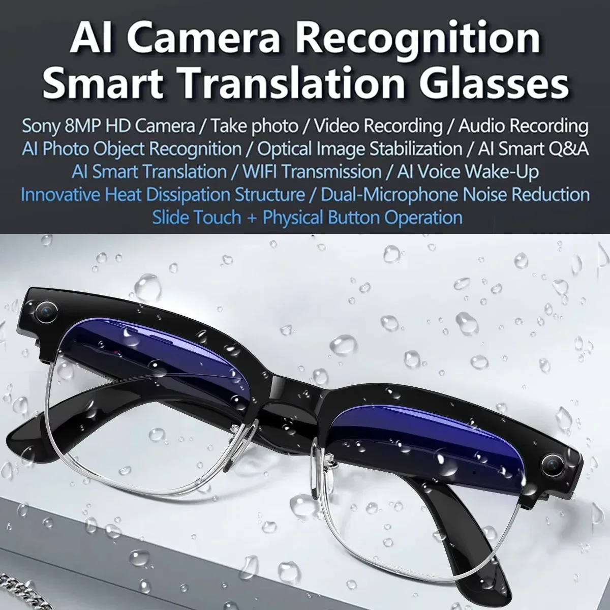 AI Smart Translation Glasses with 8MP HD Camera Video & Audio Recording BT Calling Outdoor Sunglasses Wearable Headset
