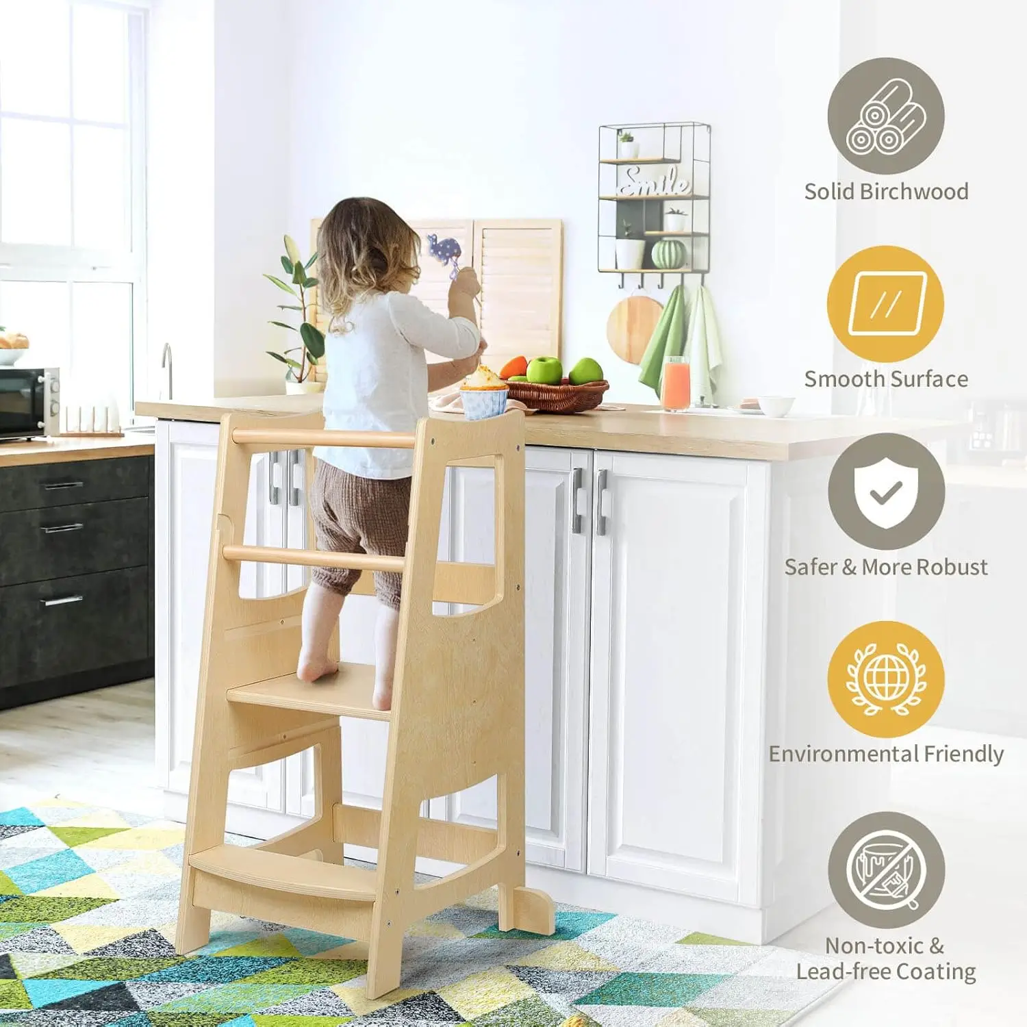 

Toddler Step Stools for Kids, Toddler Tower Kids Stool with Safety Rail, 3 Heights Adjustable Kitchen Helper,