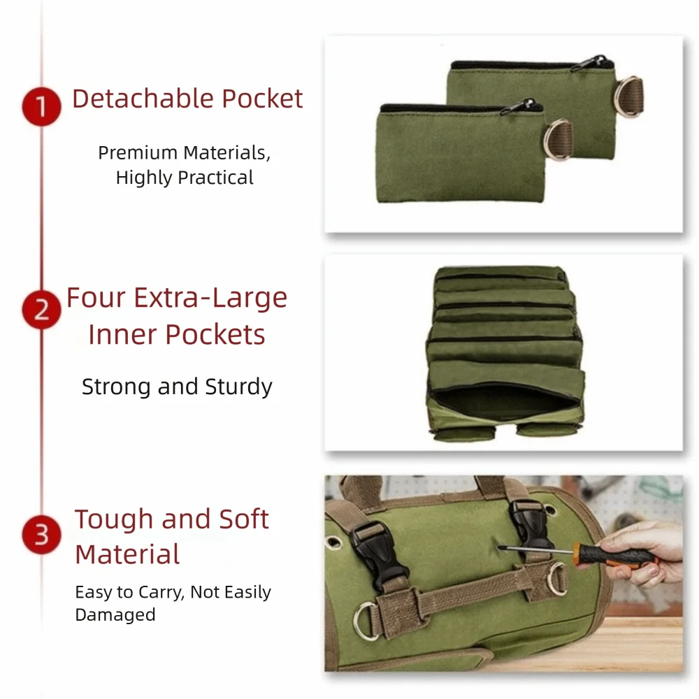Multi Pocket Tool Storage Bag Large Capacity Rolled Tool Organizer Bag Zipper Pockets Hardware Tool Bag Mechanic