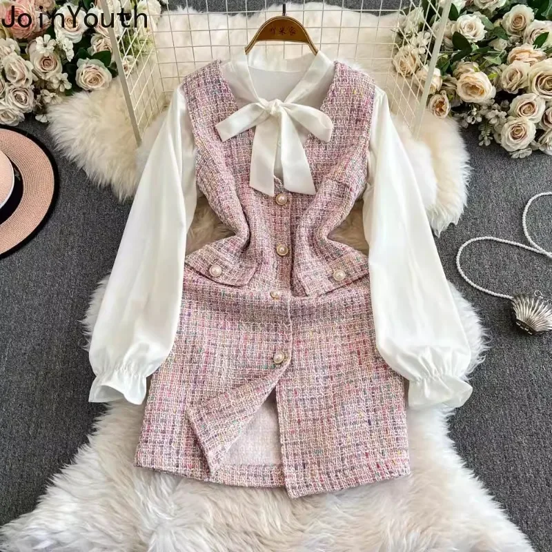 Dress Suit 2024 Women Clothing Temperament Two Piece Sets Puff Sleeve Bow Shirts Sleeveless Tunic Woolen Bodycon Dresses Outfits