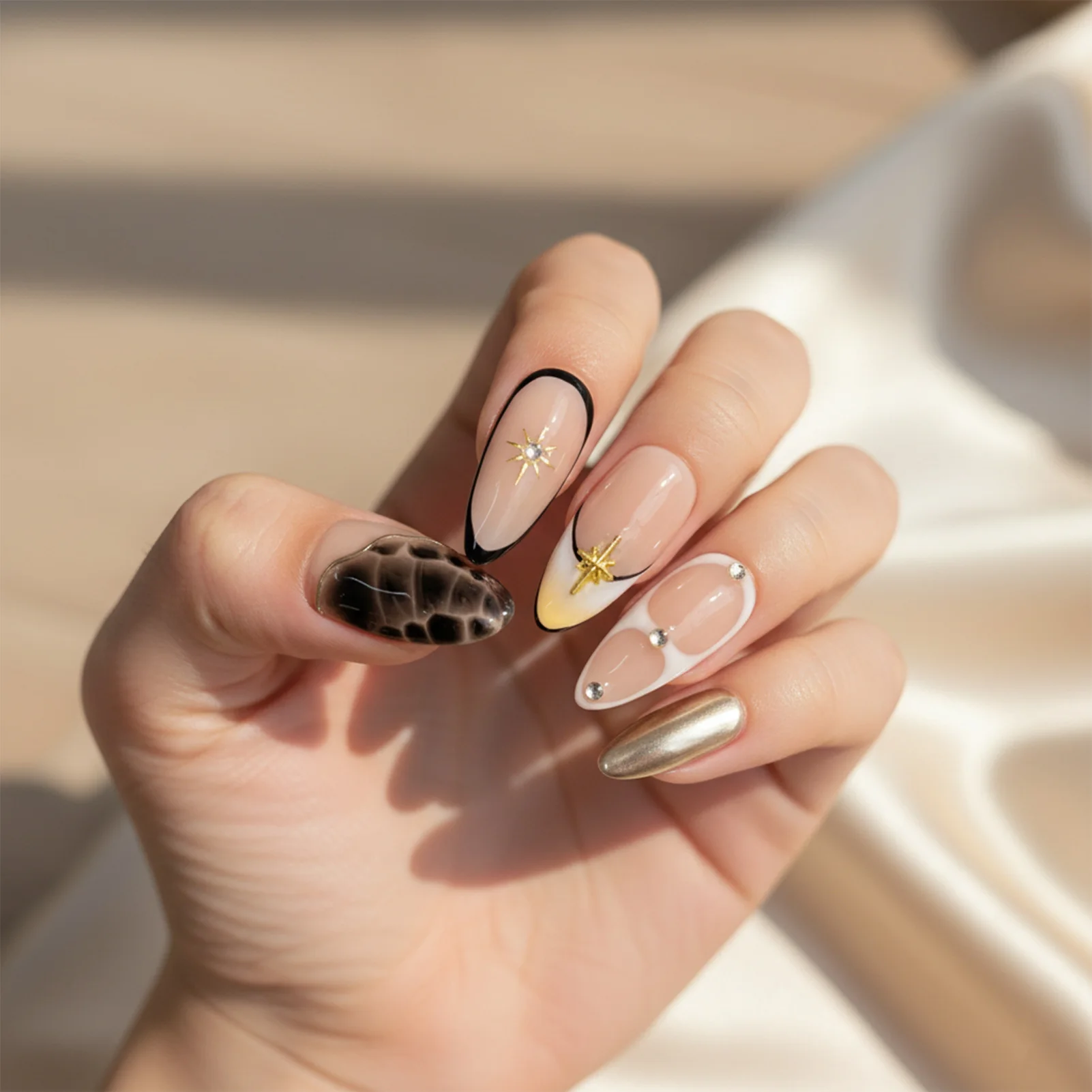 10Pcs Press On Nails Hand Painted French Tips Almond Starlight Design Artistic Fake Nails for Women DIY Wearable Nails