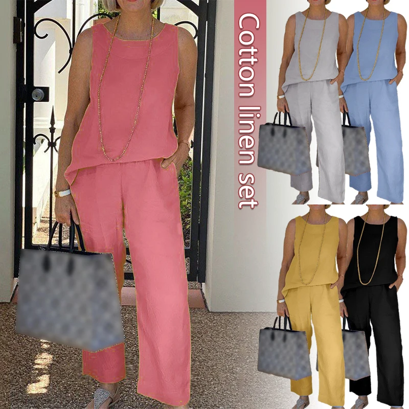 Chándal de lino y algodón sin mangas para mujer, chaleco de cuello redondo, pantalones sueltos de pierna ancha, conjunto informal elegante de 2