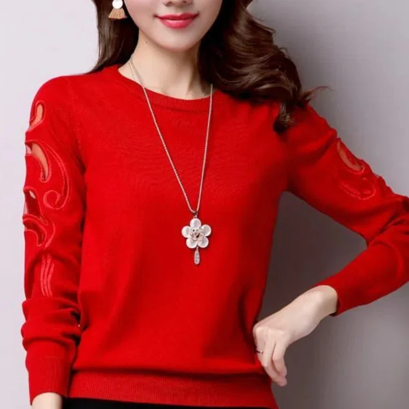 

Korean Fashion Elegant Autumn Sweaters Women Solid O-Neck Embroidered Sweet Temperament Long Sleeve Loose Pullovers Knitted Tops
