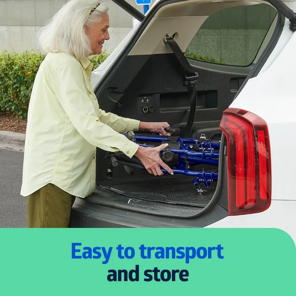 Kursi Roda Transportasi Lipat Ringan dengan Rem Tangan dan Roda 12 Inci, Rangka Biru, Pelapis Hitam
