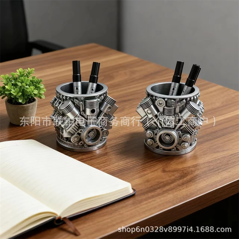 V8 Engine Pen Holder Realistic Motor Block Desk Organizer Pen Cup Planter Car Lover Desk Decor For Men Garage Birthday Gift
