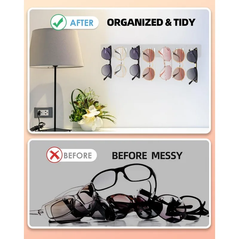Sunglasses Organizer 2 Pack, Wall-Mounted Eyeglasses Holder, Clear Acrylic Display Rack with 14 Slots