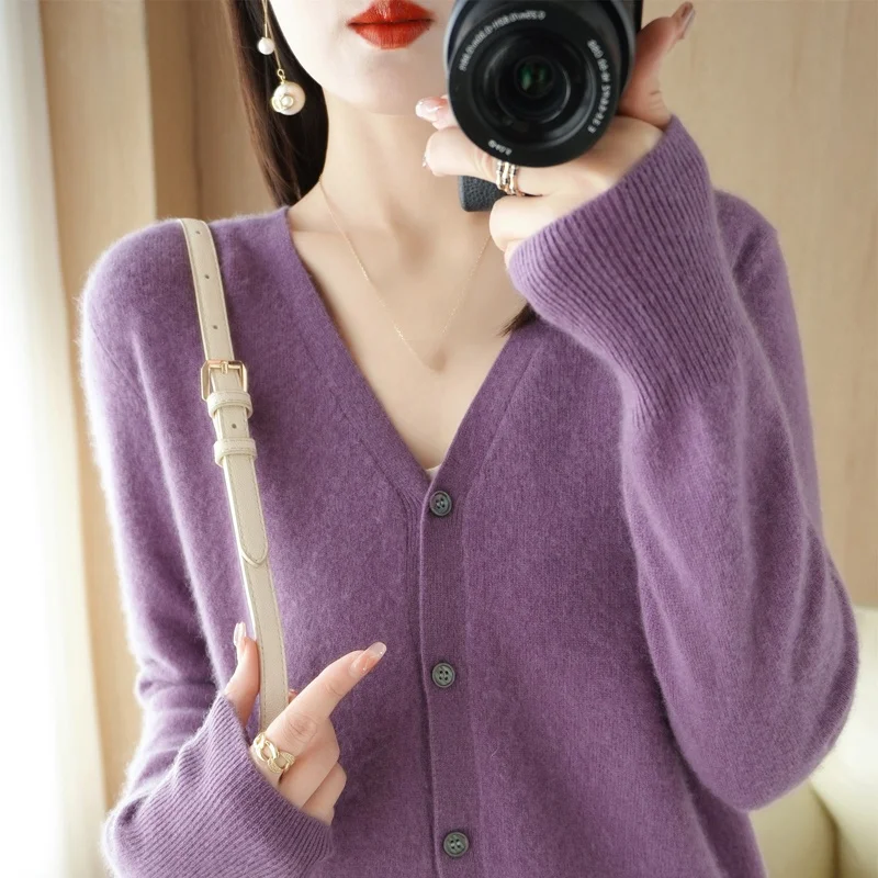 

Spring Autumn 2025 Women's Loose Knitted Open Cardigan V-Ne Faionable Wool Sweater Outerwear Long Sve Button up