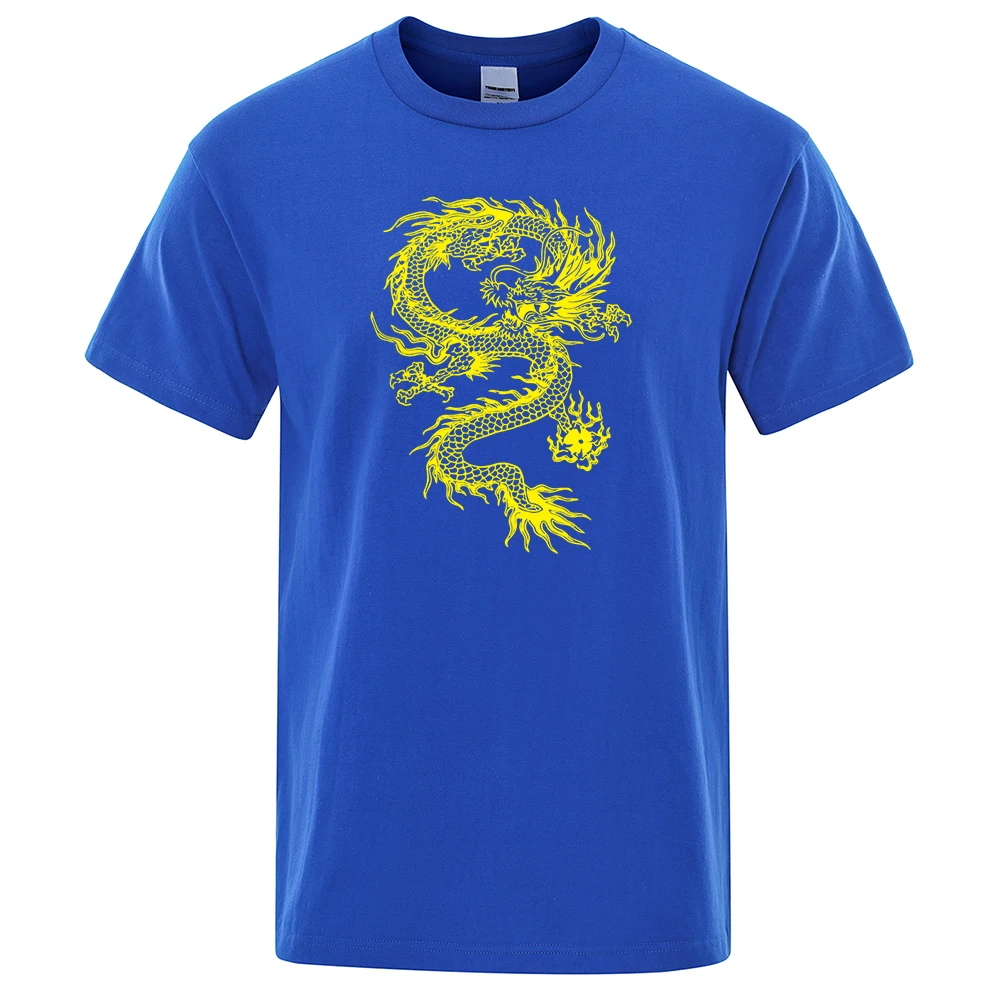 Chinese Style Yellow Dragon Printing Mens T-Shirt Cotton Loose T-Shirt Cotton Brand Oversized Streetwear Breathable Sweat Tshirt