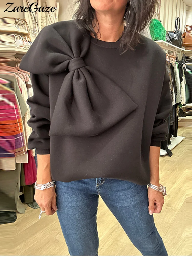 Fashion Big Bow Sweatshirt Pullover Women Loose O Neck Long Sleeve Solid Sweatshirts Female 2024 Elegant All-match Casual Tops