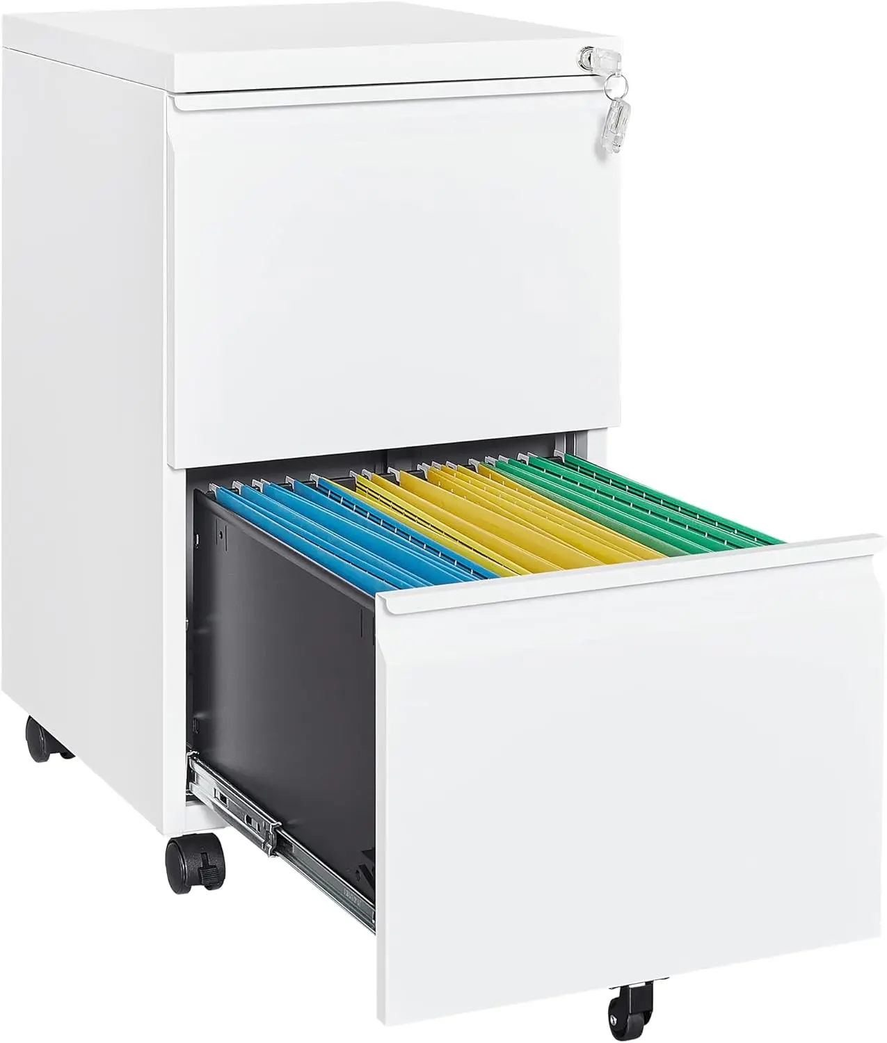 Double drawer mobile filing cabinet with lock, used for organizing letters/legal/A4 in home office