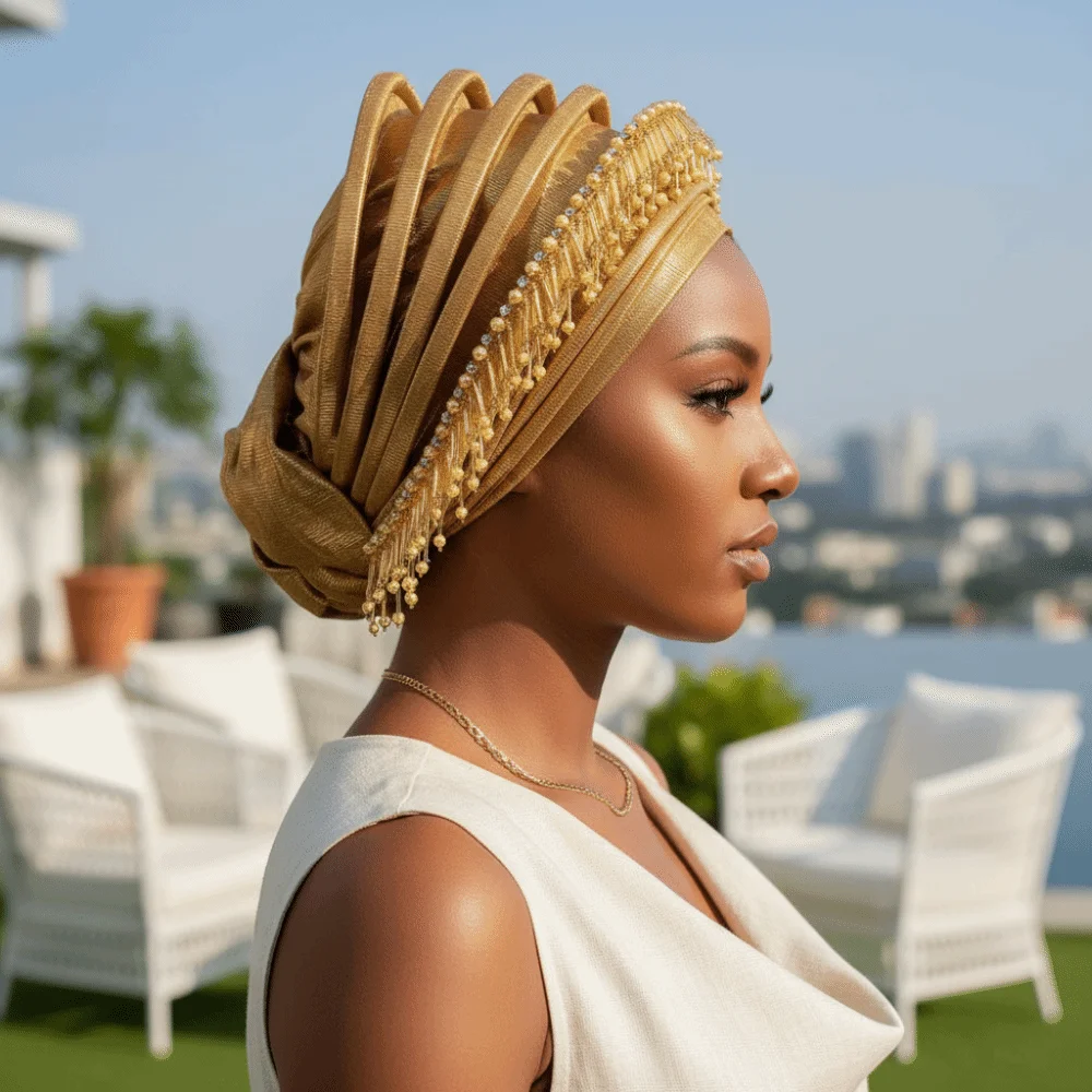 Pleated Bonnet Structured Auto Gele Pre-tied Metallic Beaded Headtie Handmade Tasseled African Turban Prom Queen