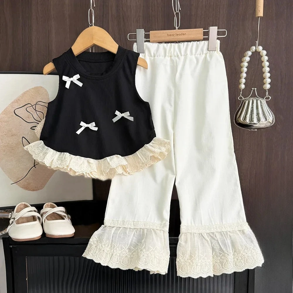 Summer Street Style Fashionable Children's Clothing Girls' Clothes Bow Decoration Black Sleeveless Top and Lace Patchwork Pants