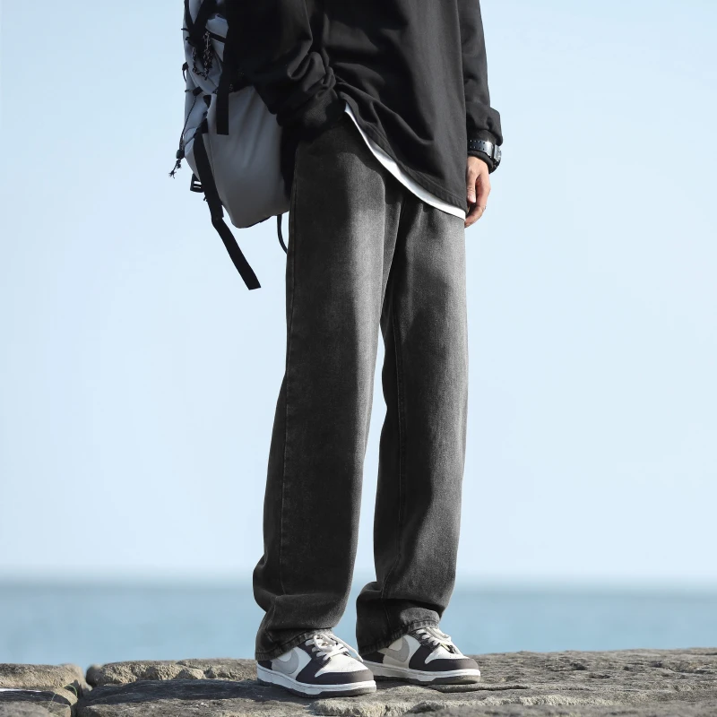Fashion Zipper Elastic Straight Gradient Jeans Men's Clothing 2024 Spring Summer New Loose All-match Washed Jeans Trousers