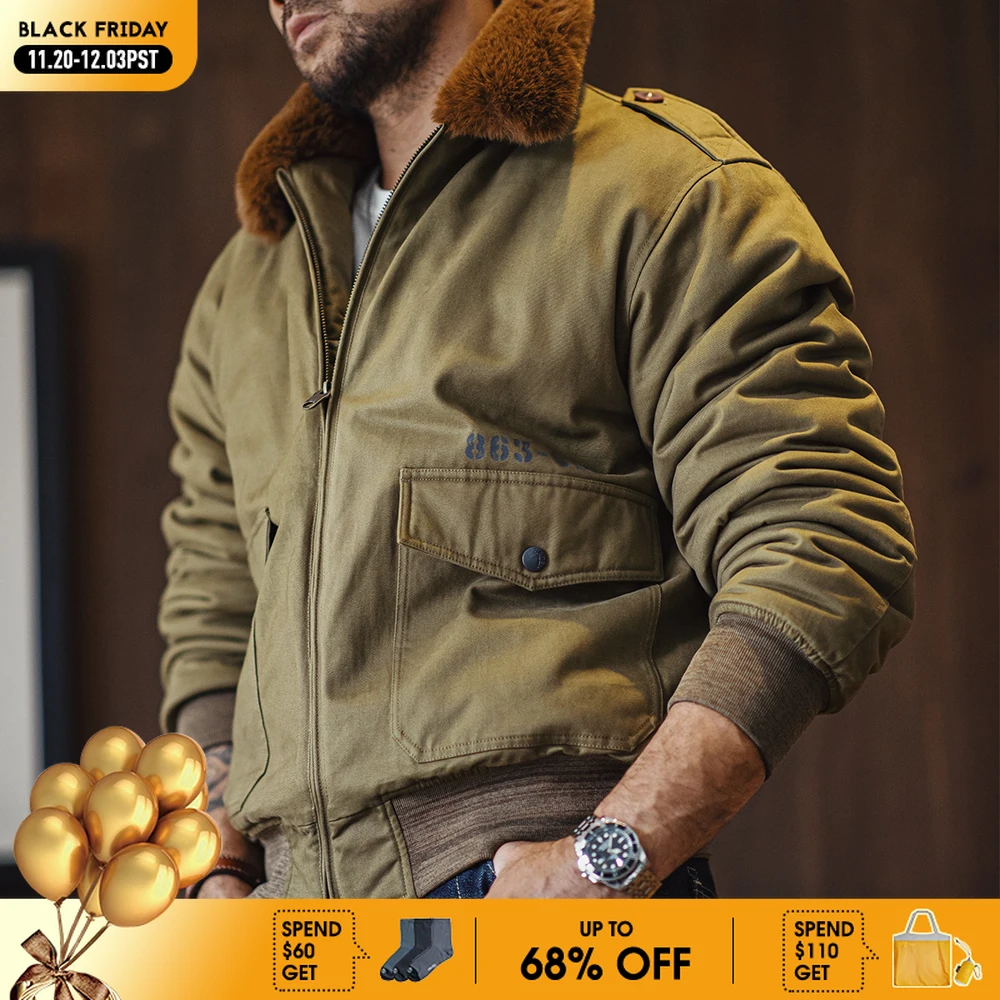 

Maden Винтажная куртка B10 Bomber с застежкой на молнию, меховым воротником, карманами, зимняя теплая короткая куртка для мужчин, зеленая классическая однотонная модель на каждый день