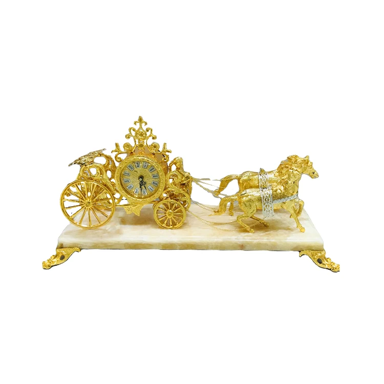 

Luxury Medieval Style Golden Copper Horse-drawn Table Clock with Marble Base, Antique Brass Gold Horse-drawn Clock