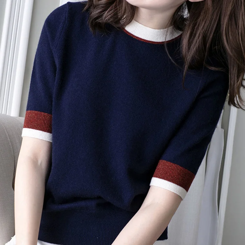 Casual O-neck Knitted Spliced Loose Korean Blouse Women\'s Clothing 2023 Summer New Pullovers Short Sleeve Fashion Commute Shirts