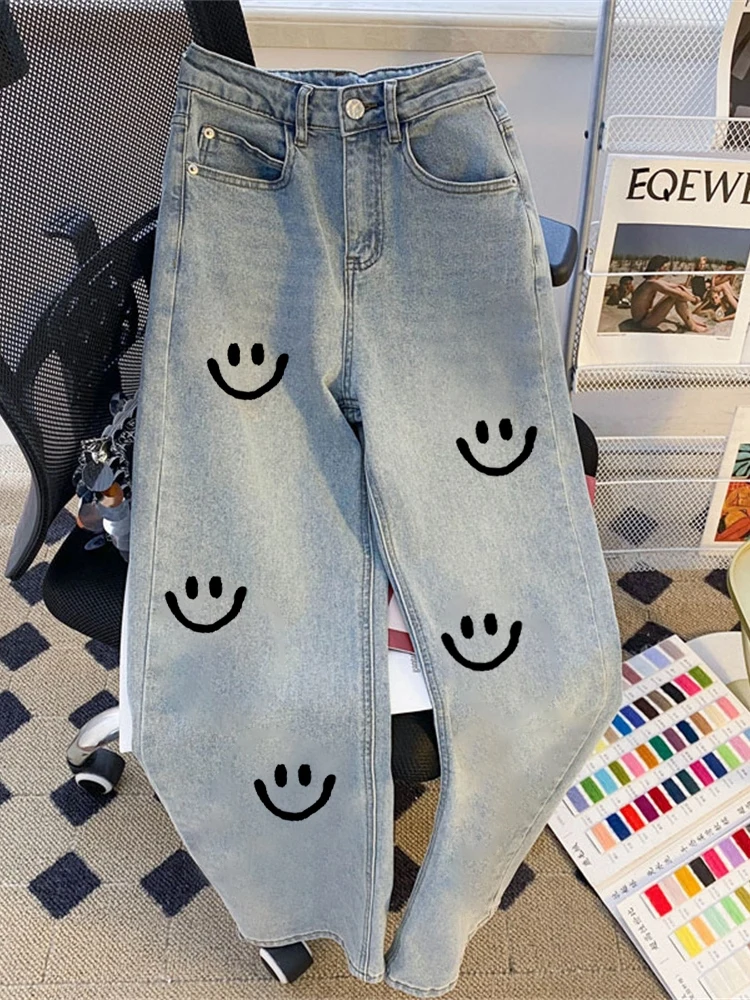 

Ретро корейские прямые джинсы с высокой талией для мужчин и женщин, повседневные летние модные свободные утягивающие широкие брюки