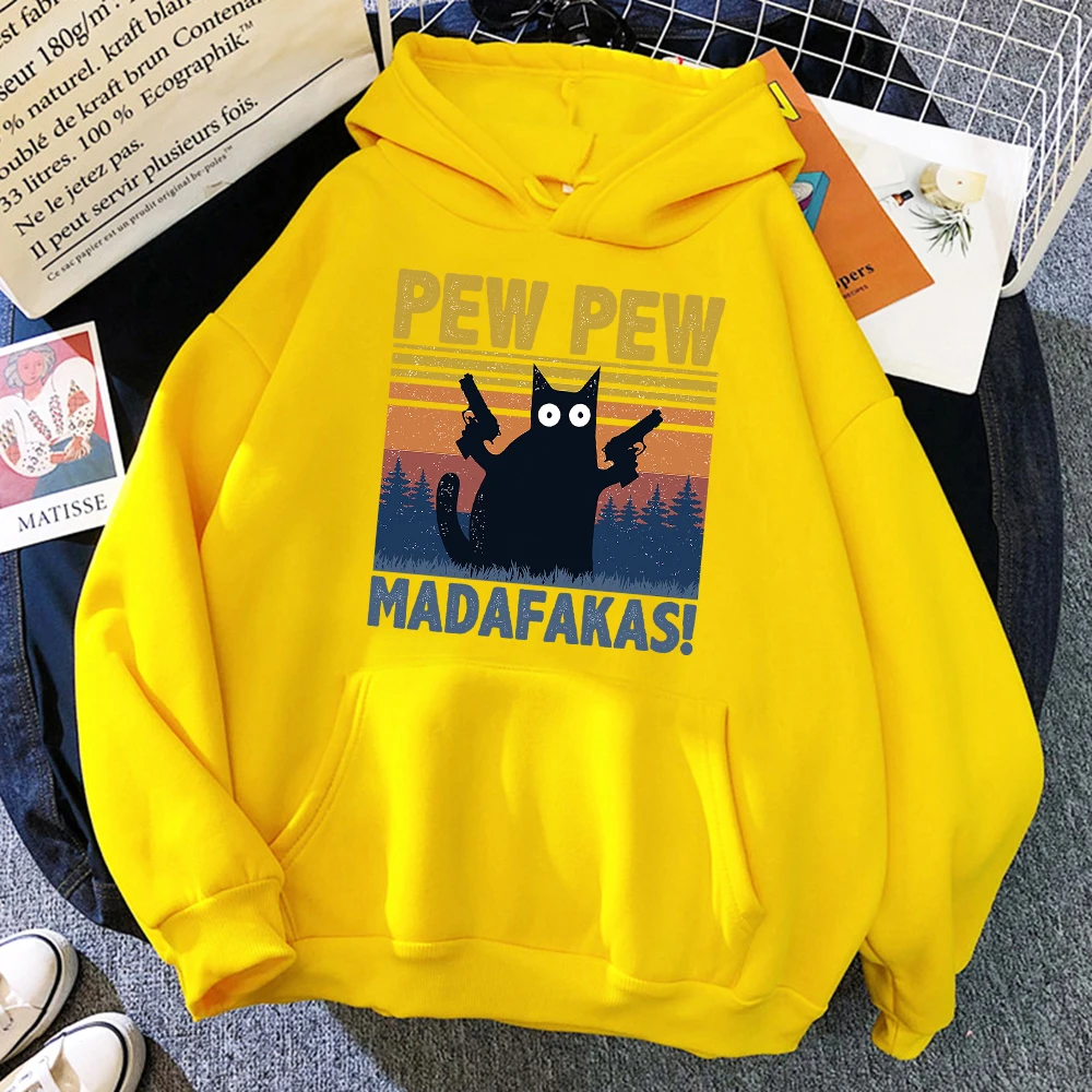 Cartoons Cat Pew Pew Madafakas Funny Women Hoodie Harajuku Oversize Clothing Crewneck Casual Hoody Breathable Fleece Hoodies