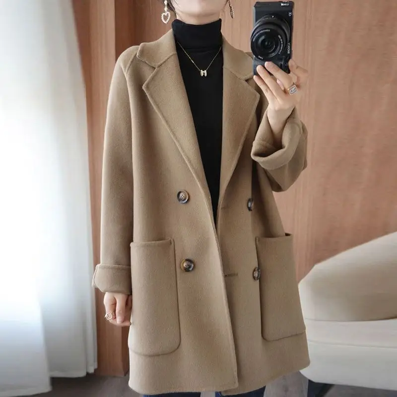 

Women Wool Blend Coat Solid Mid Long Woolen Blazer Thick Warm Blouse Women's Overcoat Office Lady Tops Autumn Winter