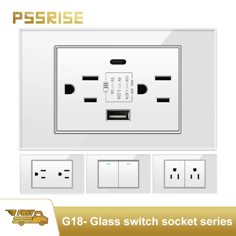 PSSRISE American standard Wall Light Switch Power Socket with USB Type-c Charger White Tempered Glass Panel Wall Thai  Outlet