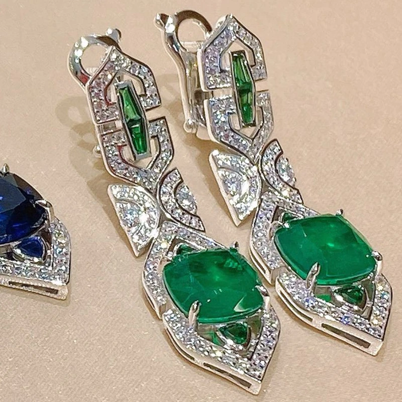 

KQDANCE Luxury Synthetic Lab Ruby Emerald Sapphire Gemstone Drop Earrings Pure 925 Silver Women's Party Fine Jewelry
