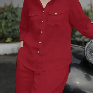 نسائي أنيقة طية صدر السترة رقبة كم طويل قميص السراويل مجموعات 2 قطعة أزياء الخريف ملابس العمل الصلبة السراويل بدلات رياضية أفضل 12 مجموعة اجتماعية للمبيعات والبلوزات - No5