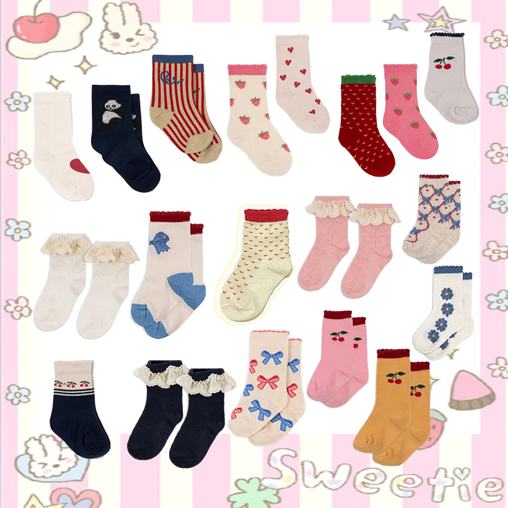 2026 New Ks Cute Children's Socks Series Strawberry Panda Bow Printed Home Socks Soft Cotton Round Neck Socks Suitable for Both