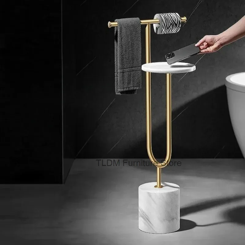 Freestanding Bathroom Toilet Paper Holder Marble Base Metal Towel Rack Side Storage，Multi-function Floor Organizer for Washroom
