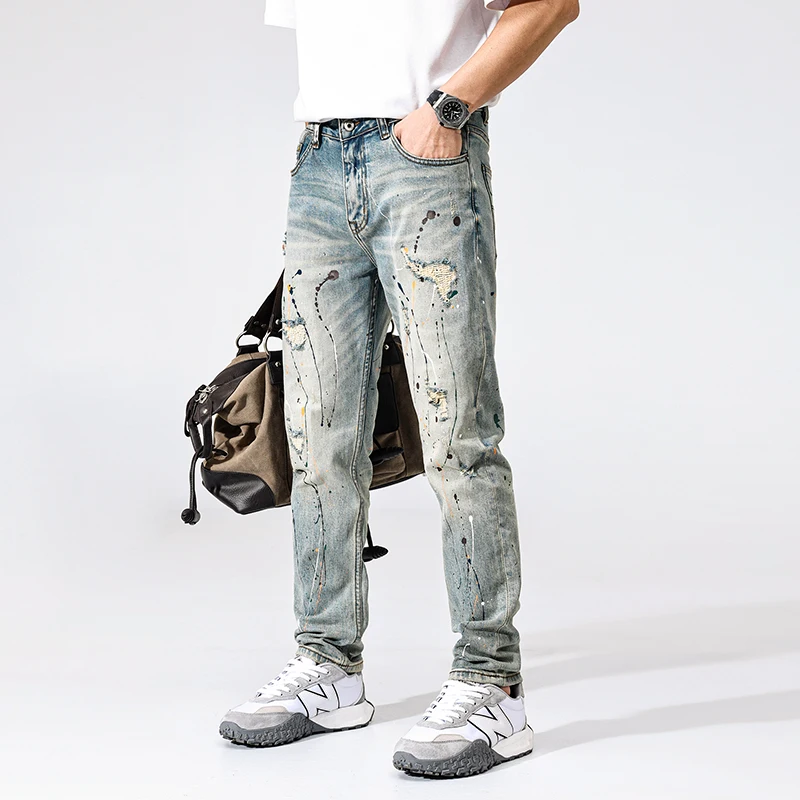 

Street Designer Fashion Men Jeans High Quality Retro Washed Stretch Slim Fit Painted Ripped Jeans Men Y2K Vintage Denim Pants