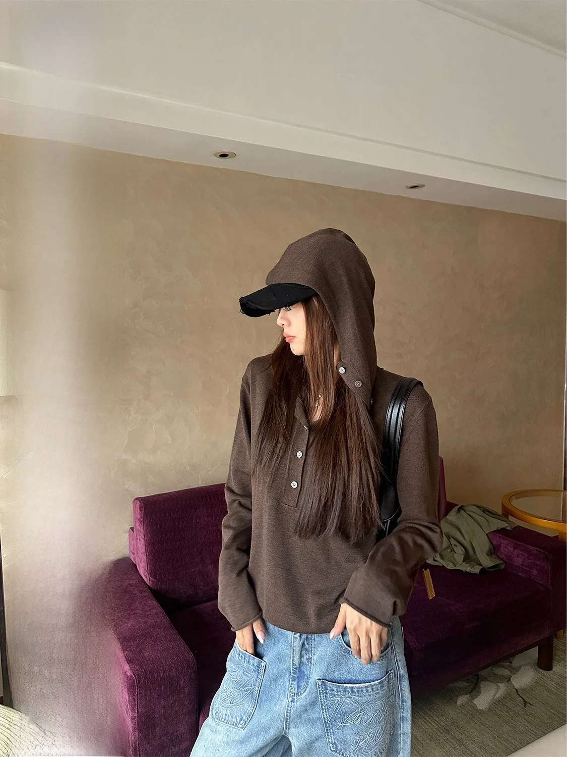 

D YANGJUN Women's Loose Fit ort Knitwear Coat with Hood Multi-Button Open Front Sle Autumn Season Casual Outerwear