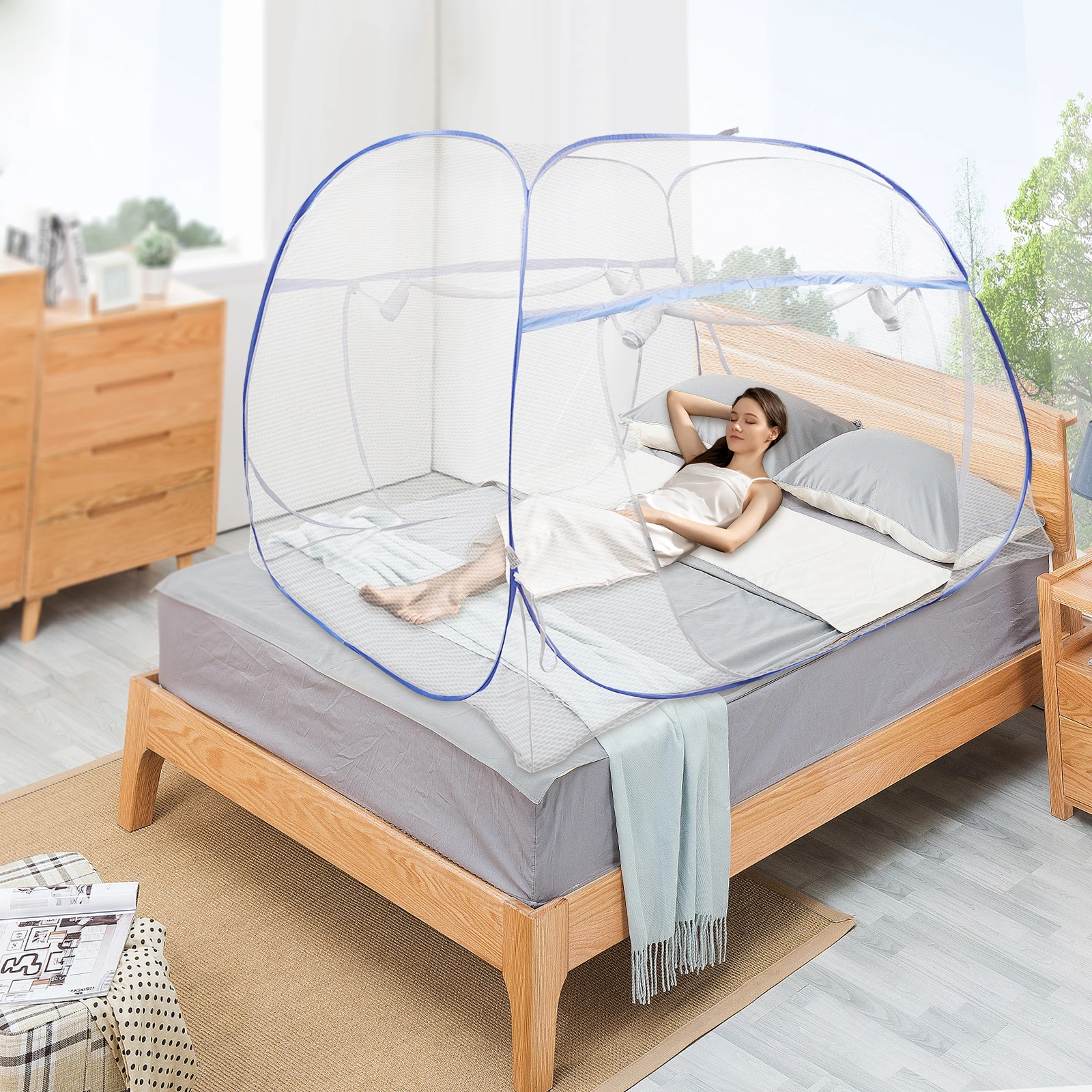 

Bed Canopy Blue Bed Canopy Mosquito Net Anti-Mosquito Full-Bottomed Design Double Zip for 5.91ft Wide Queen-Size Beds