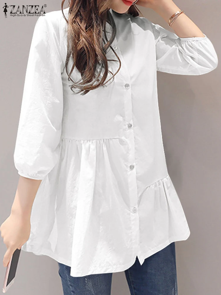 2025 ZANZEA Women Autumn Blouses Fashion Work Shirt Solid Blusas Casual O Neck 3/4 Sleeve Tops Buttons Chemise Oversized Tunic