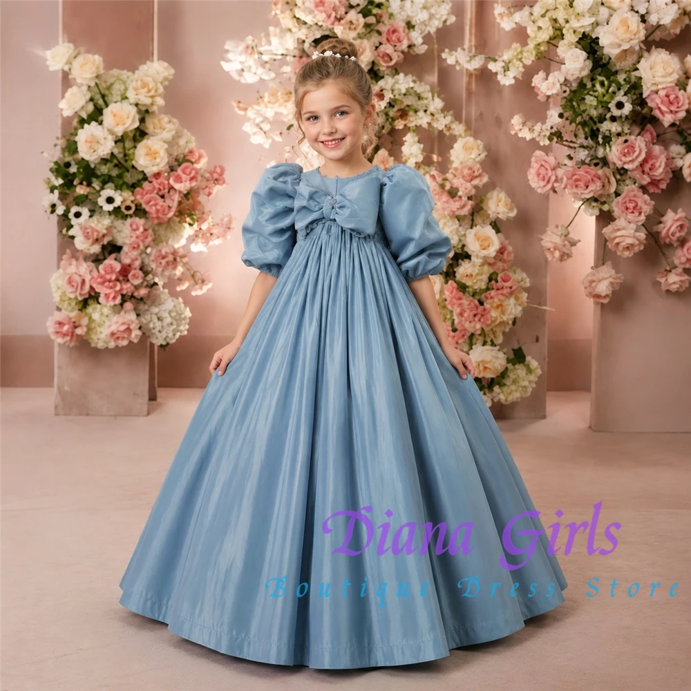 ELegant Blue Satin Fluffy Flower Girl Dress Pleated Design WIth Big Bow for Kids Wedding Birthday Party Evening Ball Gowns