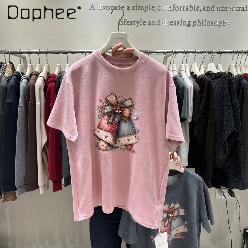 

Autumn New Christmas Atmosphere Bell Fleece Half-Sleeve T-Shirt European Loose Mid-Length Short-Sleeve T-Shirt for Women