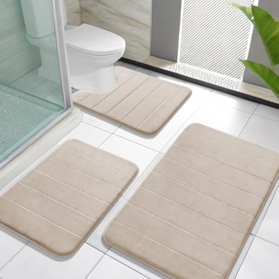 

Memory Foam Bath Mat Set 3 Pieces- Super Soft Absorbent Quick Dry Bathroom Rug Sets Machine Washable Non Slip Floor Carpet for
