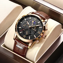 Mens Watches LIGE Top Brand Luxury Leather Casual Quartz Watch Man Sport Waterproof Clock Moon Phase Watch Relogio Masculino+Box