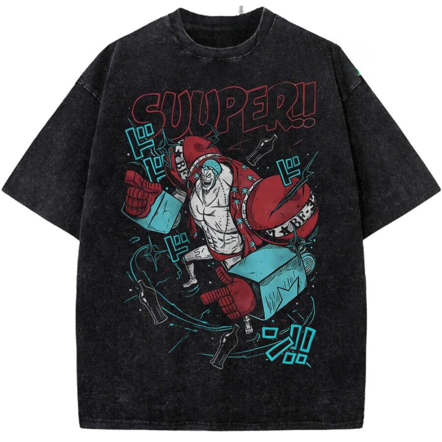 ONE PIECE Franky Short Sleeve T-Shirt Anime Manga Vintage Washed Graphic Print Super Water Seven Muscle Cyborg Streetwear Men