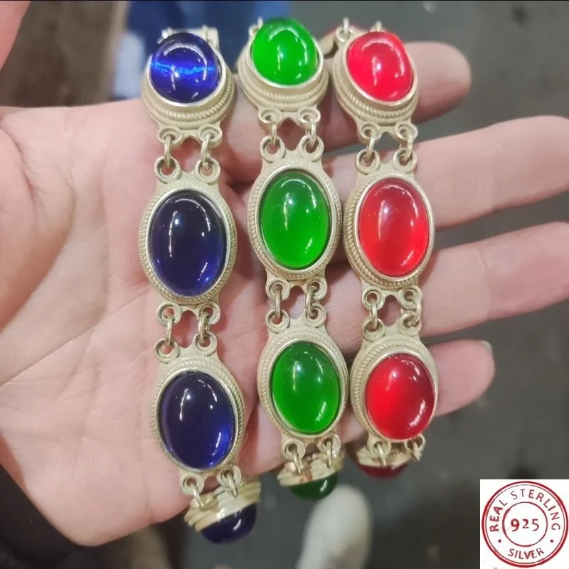 

Vintage Tibetan Silver Chain Bracelet, Handcrafted Gem Cabochon, Flexible Adjustable Opening, Boho Ethnic Daily Accessories