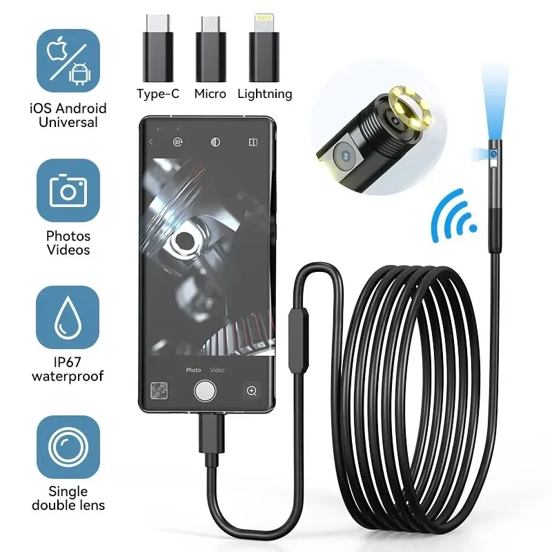 Caméra endoscopique Wifi à lentille unique pour touristes, mini appareil d'inspection de voiture Android pour Iphone IOS, étanche, boroscope de pipeline de type C