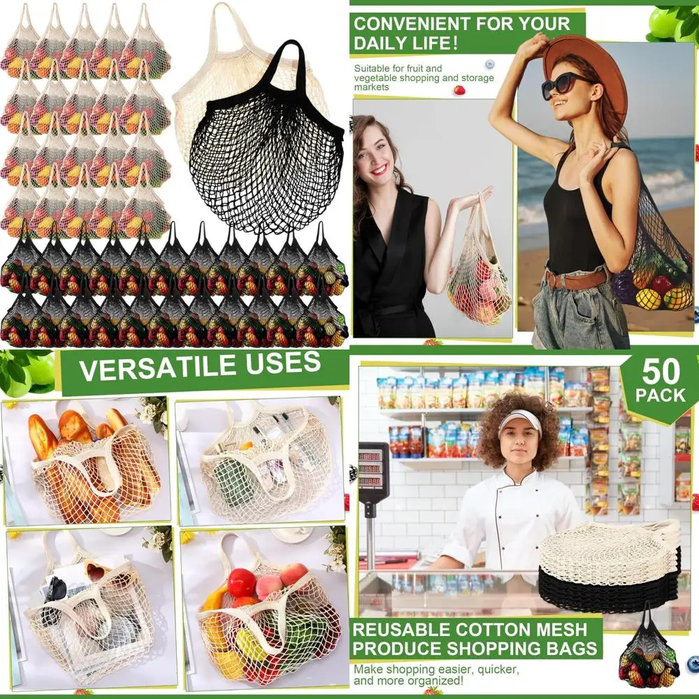 再利用可能なコットンメッシュ製品バッグ、バルクパック、マーケット、食料品、トート、洗えるショッピング、ビーチオーガナイザー、バルク食品用メッシュバッグ