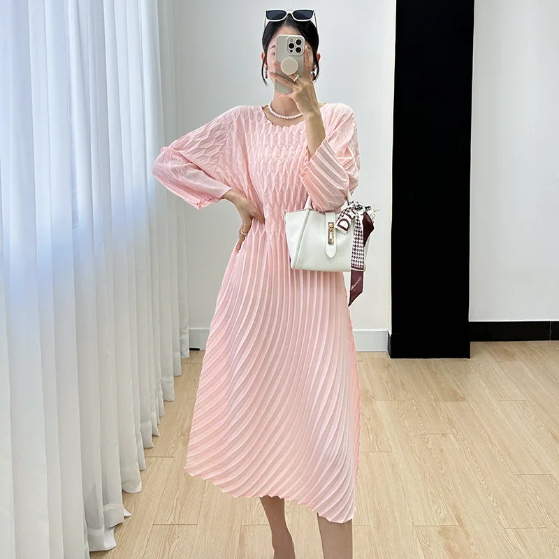 Miyake Dress Women's 2024 Autumn New Round Neck 9/4 Sleeve Fashion Solid Color Versatile Temperament Pleated Long Dress Children