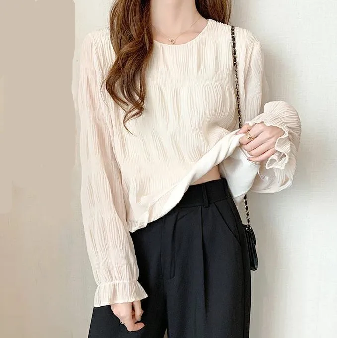 Women Loose Chiffon Top With Pleated Flared Sleeves Shirts 2025 Korean Style Inner Lined Long Sleeve Oversized Versatile Shirts